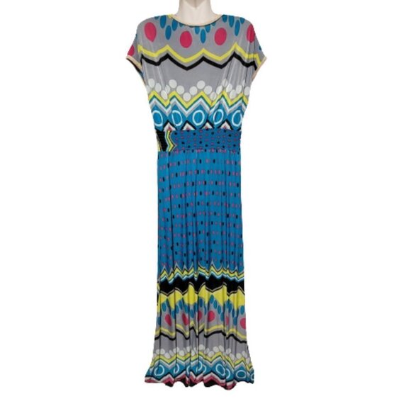 SUMMER Blue Maxi Cover up Abstract Print Cap Sleeve Casual Comfy Long Dress - Picture 6 of 12